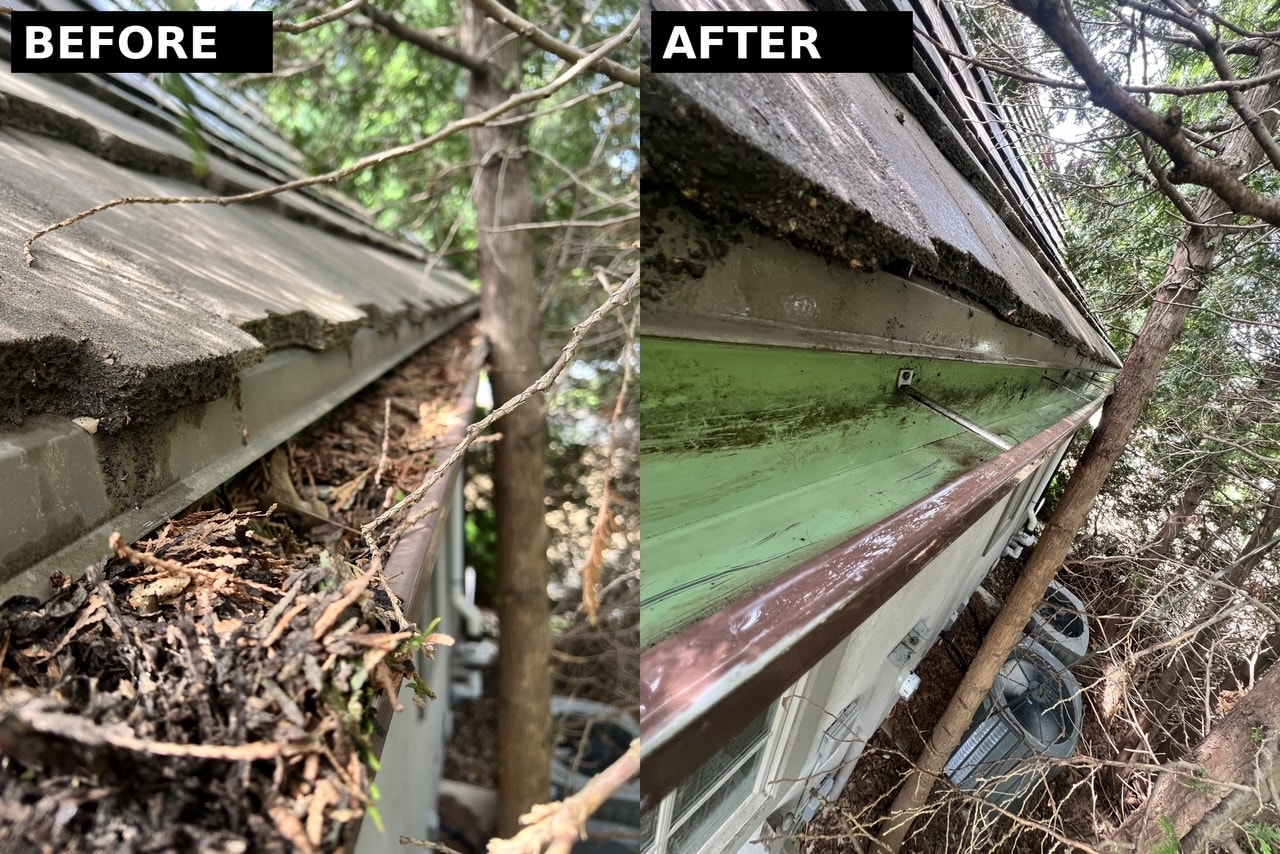 Gutter cleaning before and after job 1