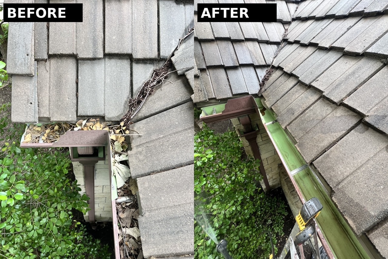 Gutter cleaning before and after job 2
